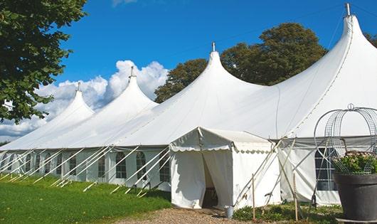 high-quality portable toilets stationed at a wedding, meeting the needs of guests throughout the outdoor reception in Rialto